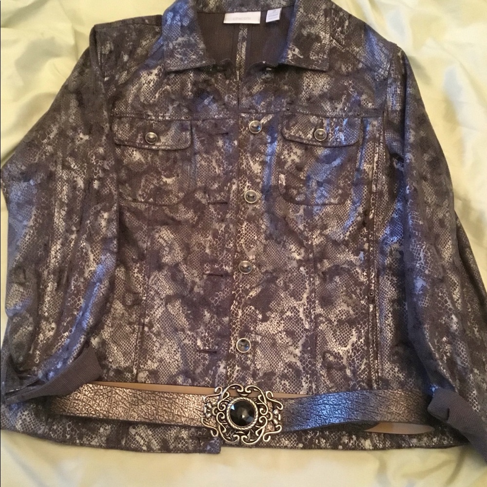 Chico’s gray snake skin jacket  with gray leather belt